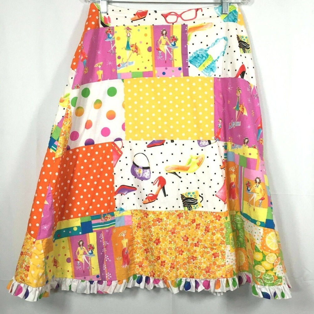 Trulor Skirt Womens Sz M‎ Vintage Cotton Patchwork Ruffle Hem Midi A Line Color